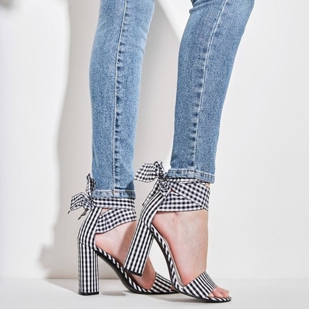 GUESS Black and White Lace Up Gingham Heels